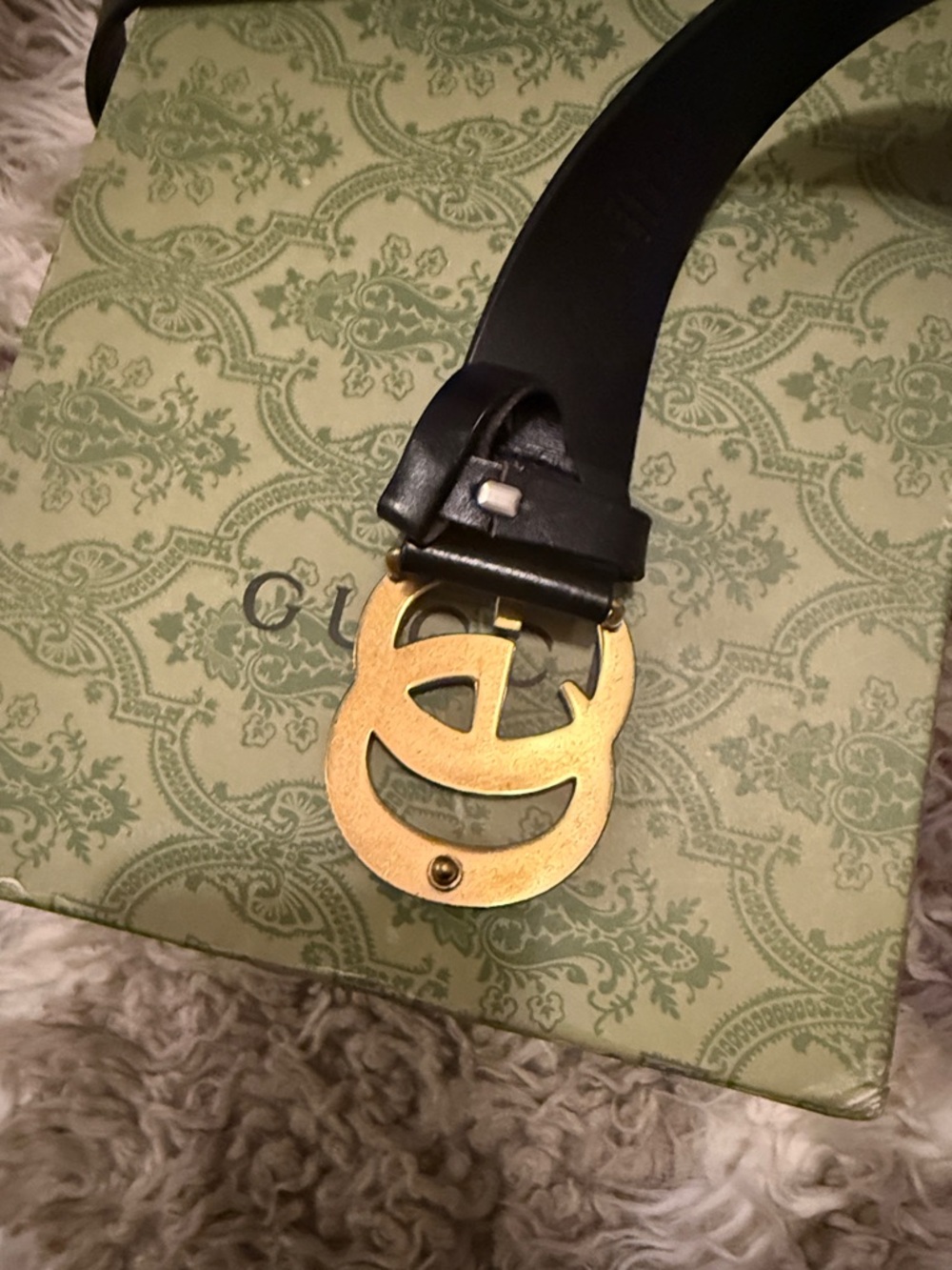 GG Black Leather Belt with Antiqued Gold Double G Buckle - Picture 4 of 5